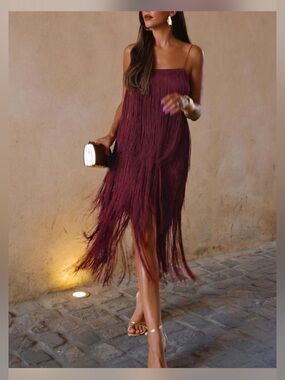 Commense Florence Fringed Open Back Burgundy Short Dress NWOT
